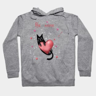 Happy valentines black cat. Cute cat and red hearts. Hoodie